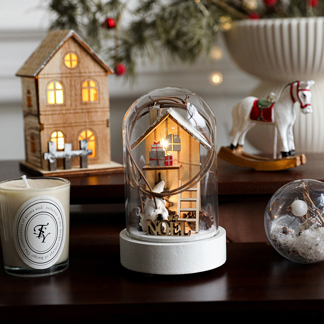 Christmas Glass Dome Lights — Wooden LED Village Scenes, Battery Powered
