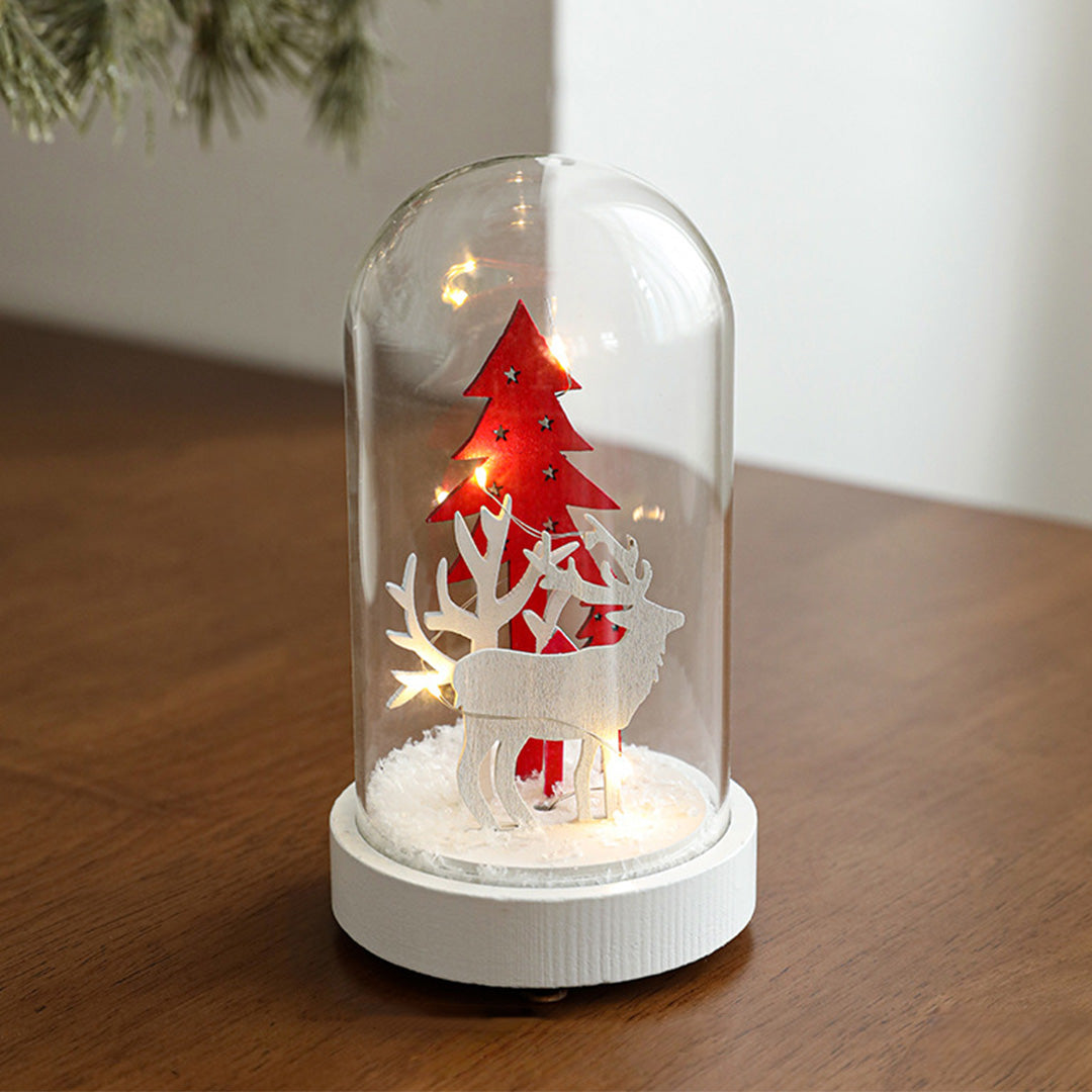 Christmas Glass Dome Lights — Wooden LED Village Scenes, Battery Powered