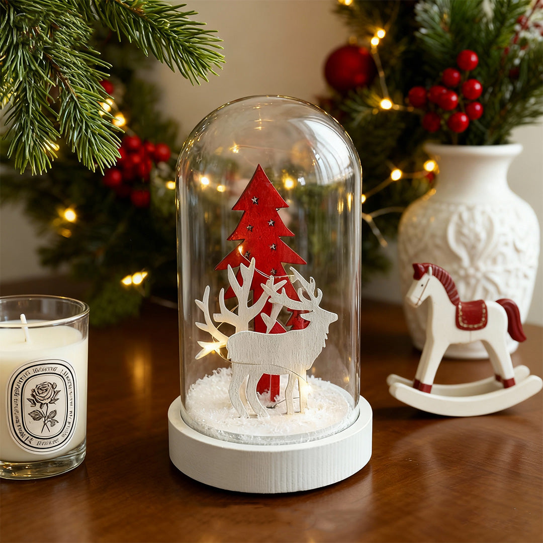 Christmas Glass Dome Lights — Wooden LED Village Scenes, Battery Powered