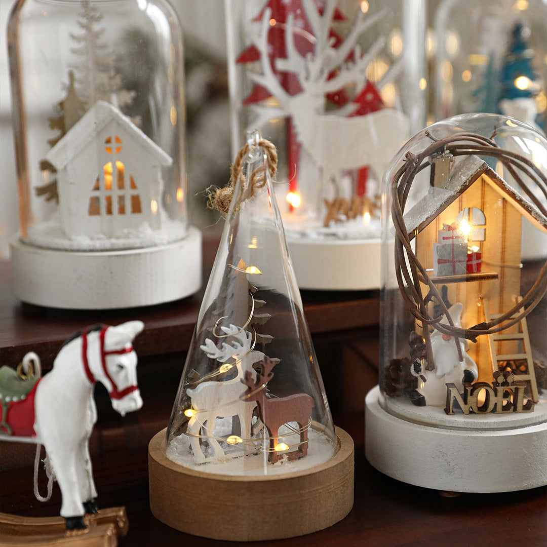 Christmas Glass Dome Lights — Wooden LED Village Scenes, Battery Powered