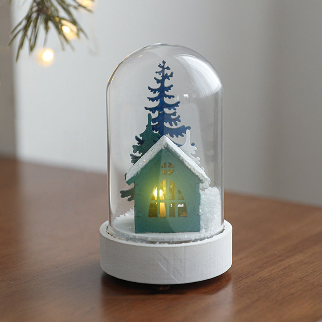 Christmas Glass Dome Lights — Wooden LED Village Scenes, Battery Powered