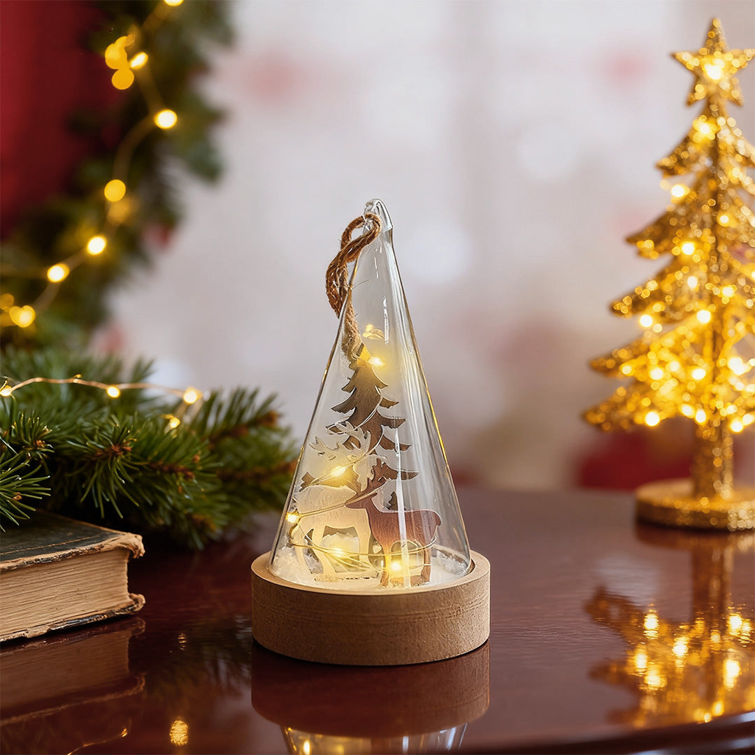 Christmas Glass Dome Lights — Wooden LED Village Scenes, Battery Powered