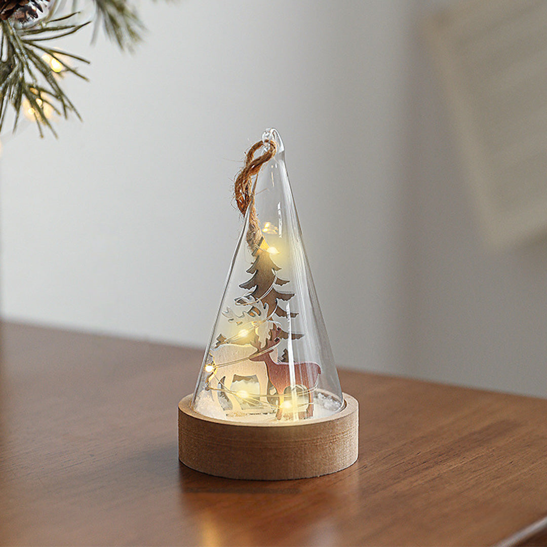 Christmas Glass Dome Lights — Wooden LED Village Scenes, Battery Powered