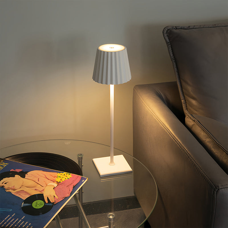 Cordless Table Lamp — Pleated Aluminum Shade, Rechargeable and Dimmable