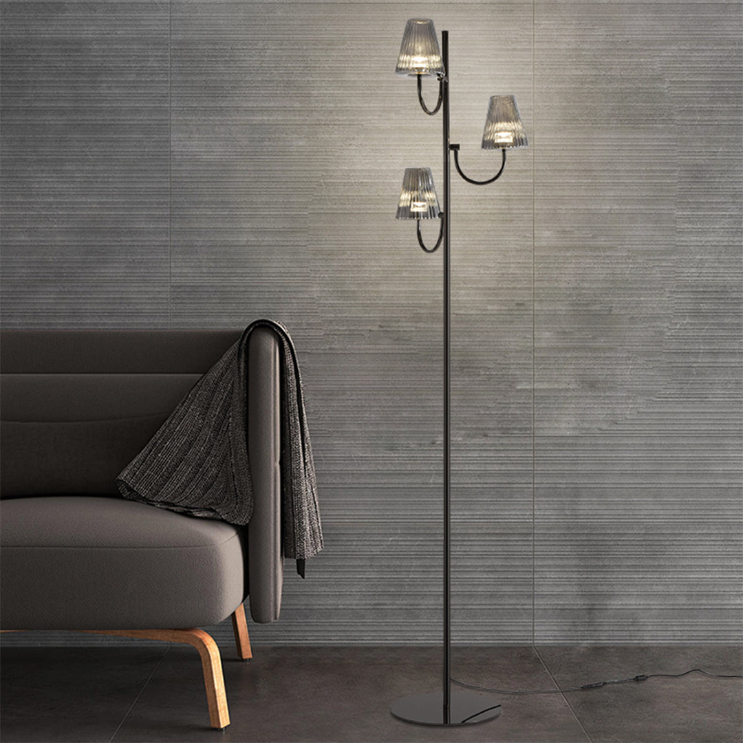 Black 3-Light Floor Lamp with Smoked Fluted Glass Shades, Modern Tree Lamp
