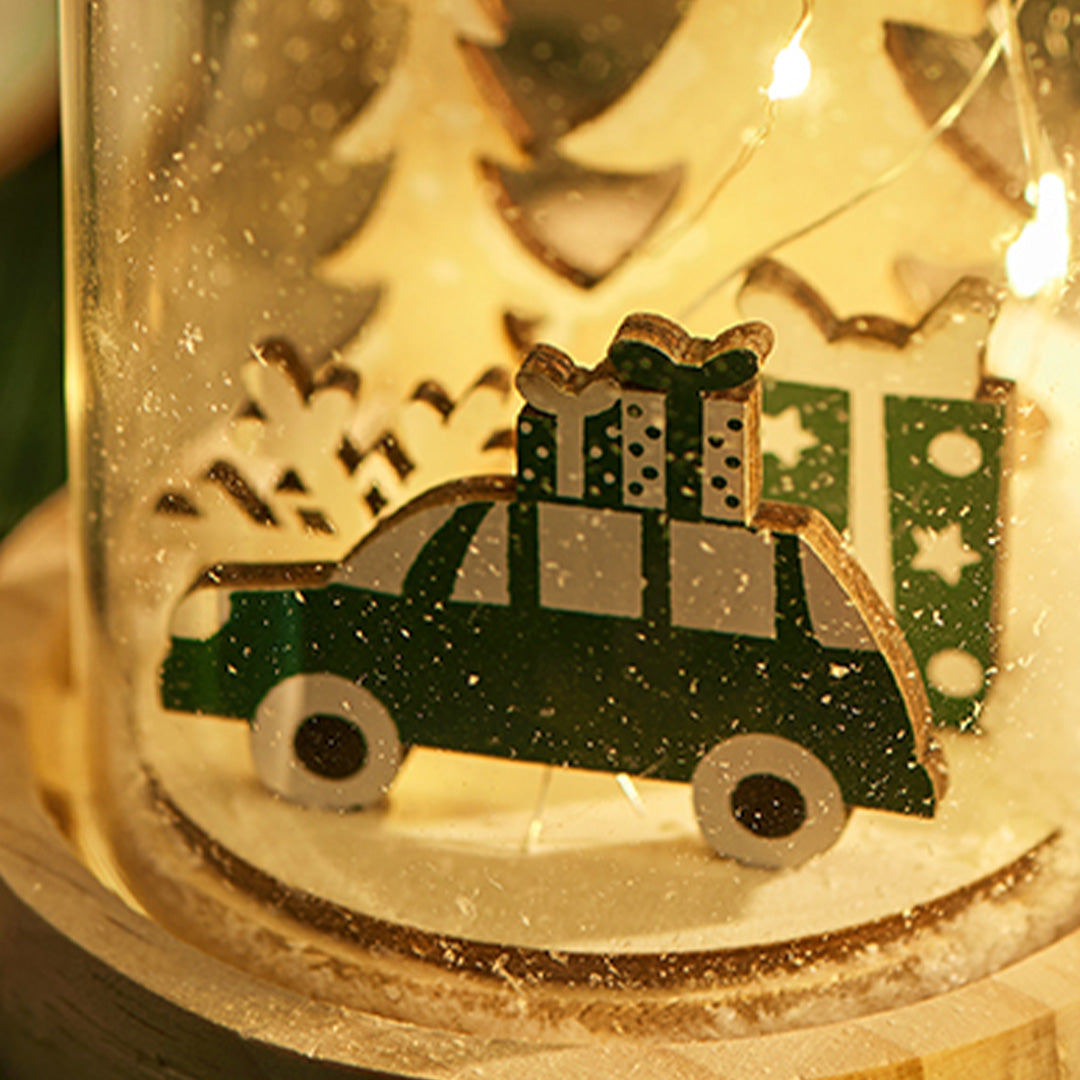 Christmas Snow Globe Lamp — Glass Dome Scene on Wood Base, Battery