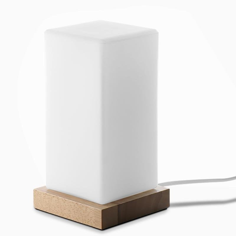 Cordless Glass Cube Table Lamp — Frosted Shade on Wood Base, Rechargeable