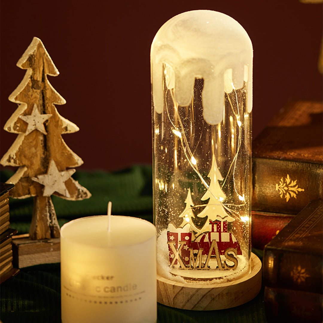 Christmas Snow Globe Lamp — Glass Dome Scene on Wood Base, Battery