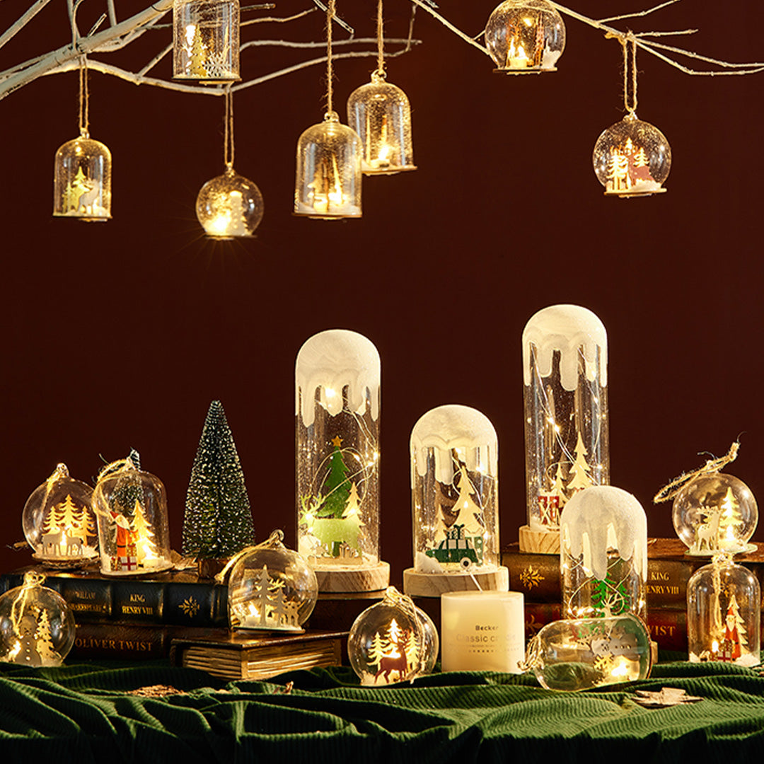 Christmas Snow Globe Lamp — Glass Dome Scene on Wood Base, Battery