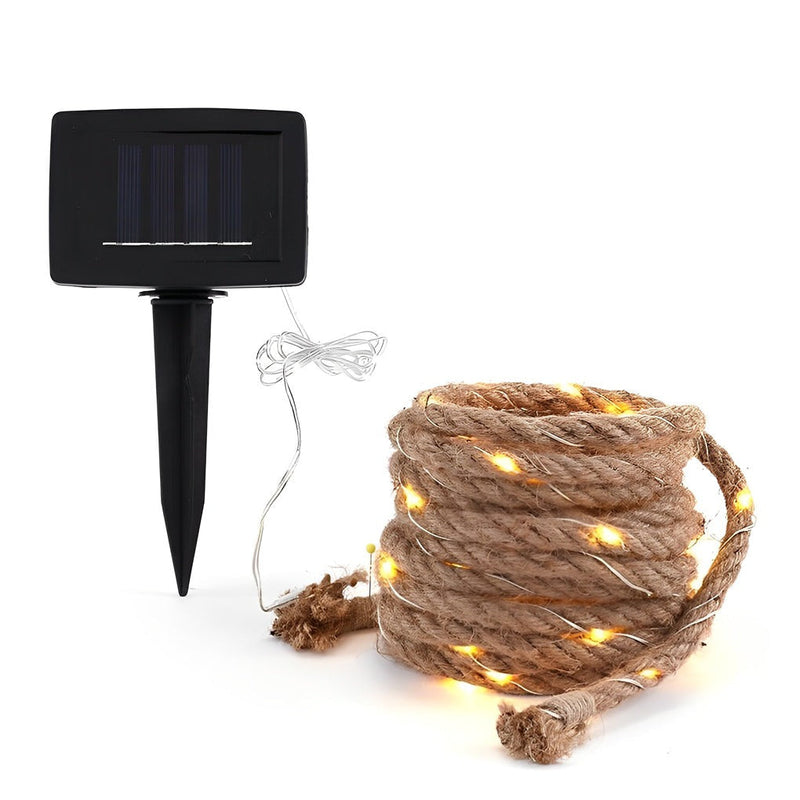 Hemp Rope String Lights — Solar or Battery Warm White LED, 16 or 33 ft