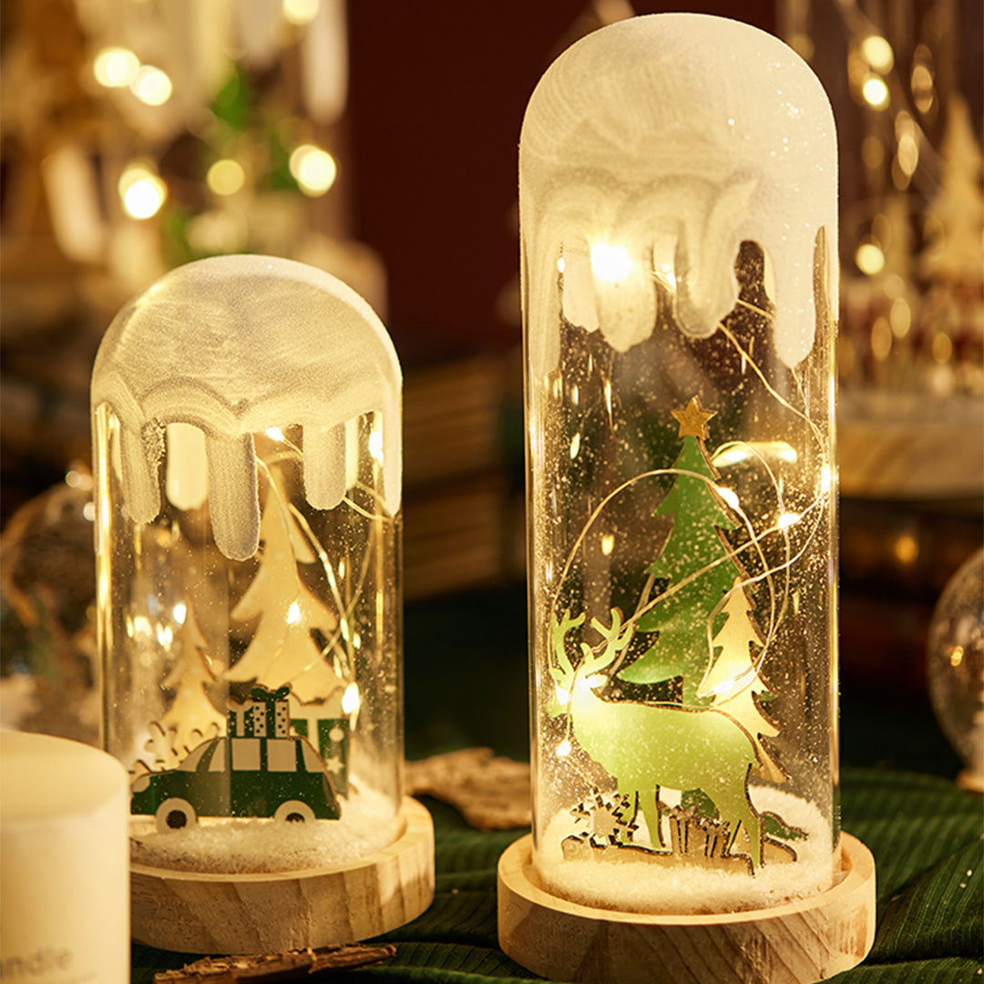 Christmas Snow Globe Lamp — Glass Dome Scene on Wood Base, Battery