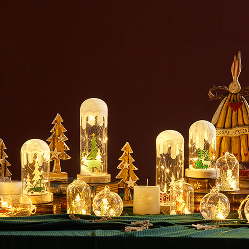 Christmas Snow Globe Lamp — Glass Dome Scene on Wood Base, Battery