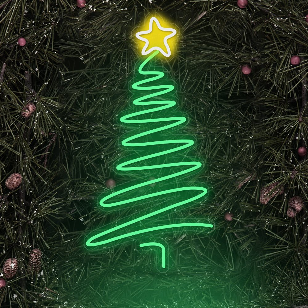 Christmas Tree Neon Sign — Green LED Line Tree with Yellow Star, Dimmable