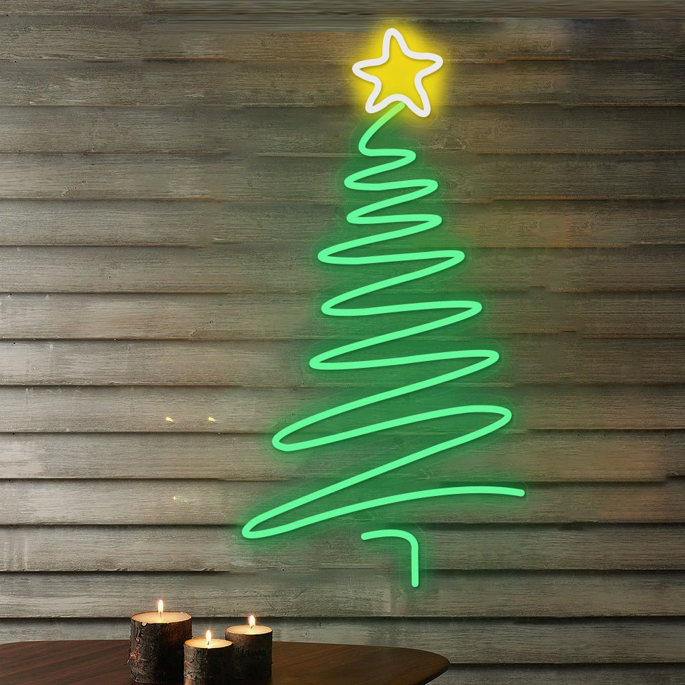 Christmas Tree Neon Sign — Green LED Line Tree with Yellow Star, Dimmable