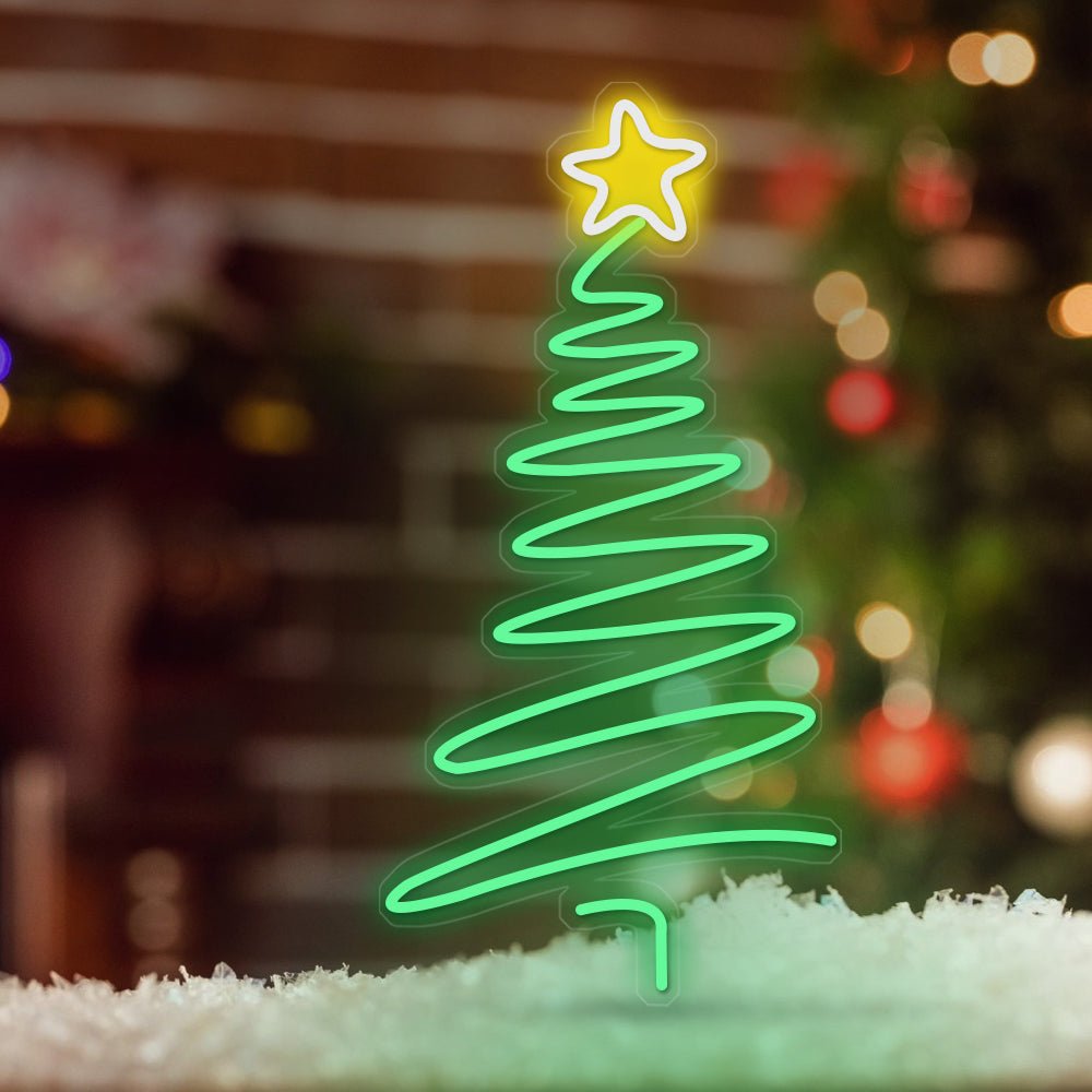 Christmas Tree Neon Sign — Green LED Line Tree with Yellow Star, Dimmable