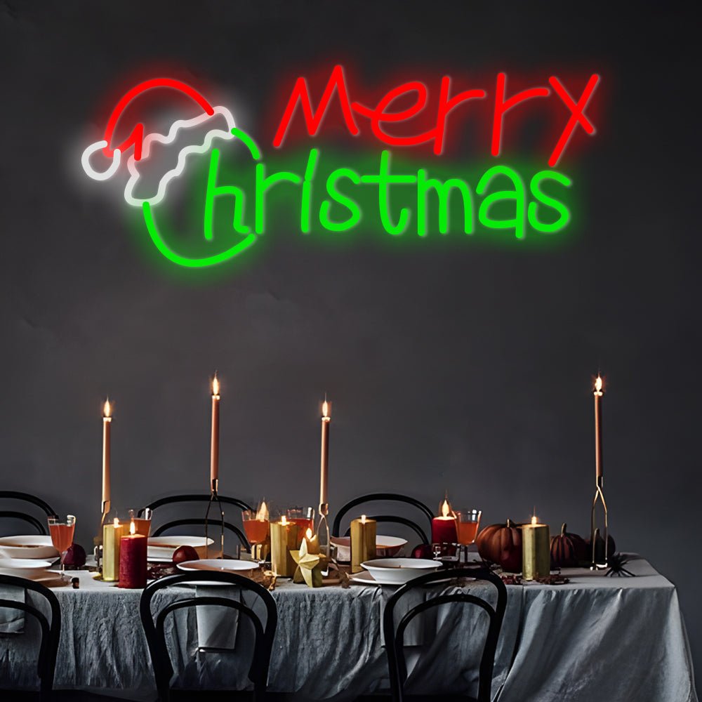 Merry Christmas Neon Sign — Santa Hat LED Wall Light, Red and Green, 18 in