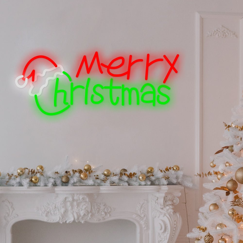 Merry Christmas Neon Sign — Santa Hat LED Wall Light, Red and Green, 18 in