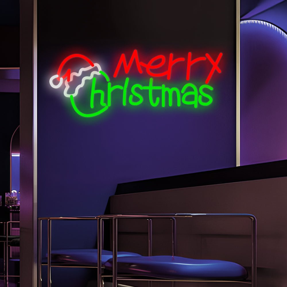 Merry Christmas Neon Sign — Santa Hat LED Wall Light, Red and Green, 18 in