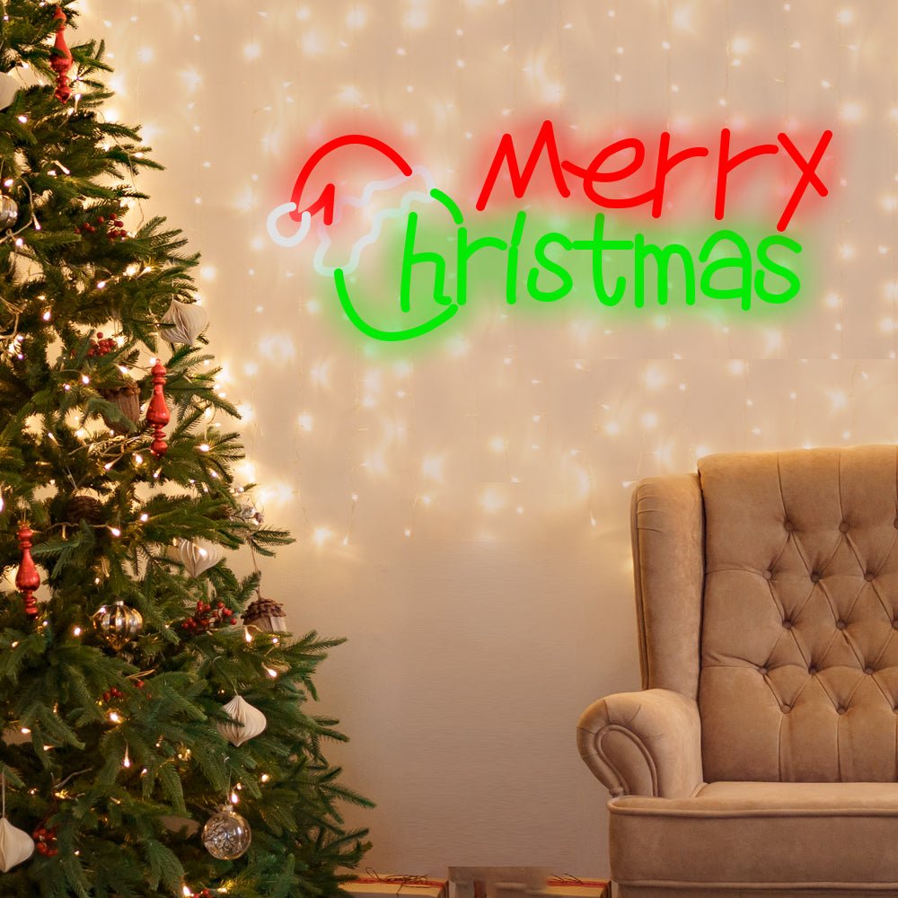 Merry Christmas Neon Sign — Santa Hat LED Wall Light, Red and Green, 18 in