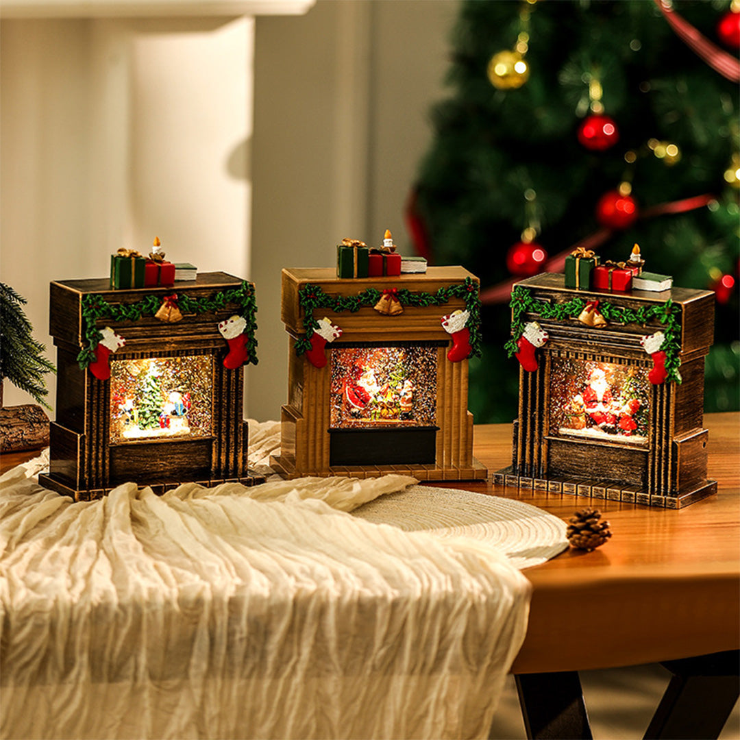 Light-Up Christmas Fireplace Decoration — Snowing Tabletop Scene, USB LED