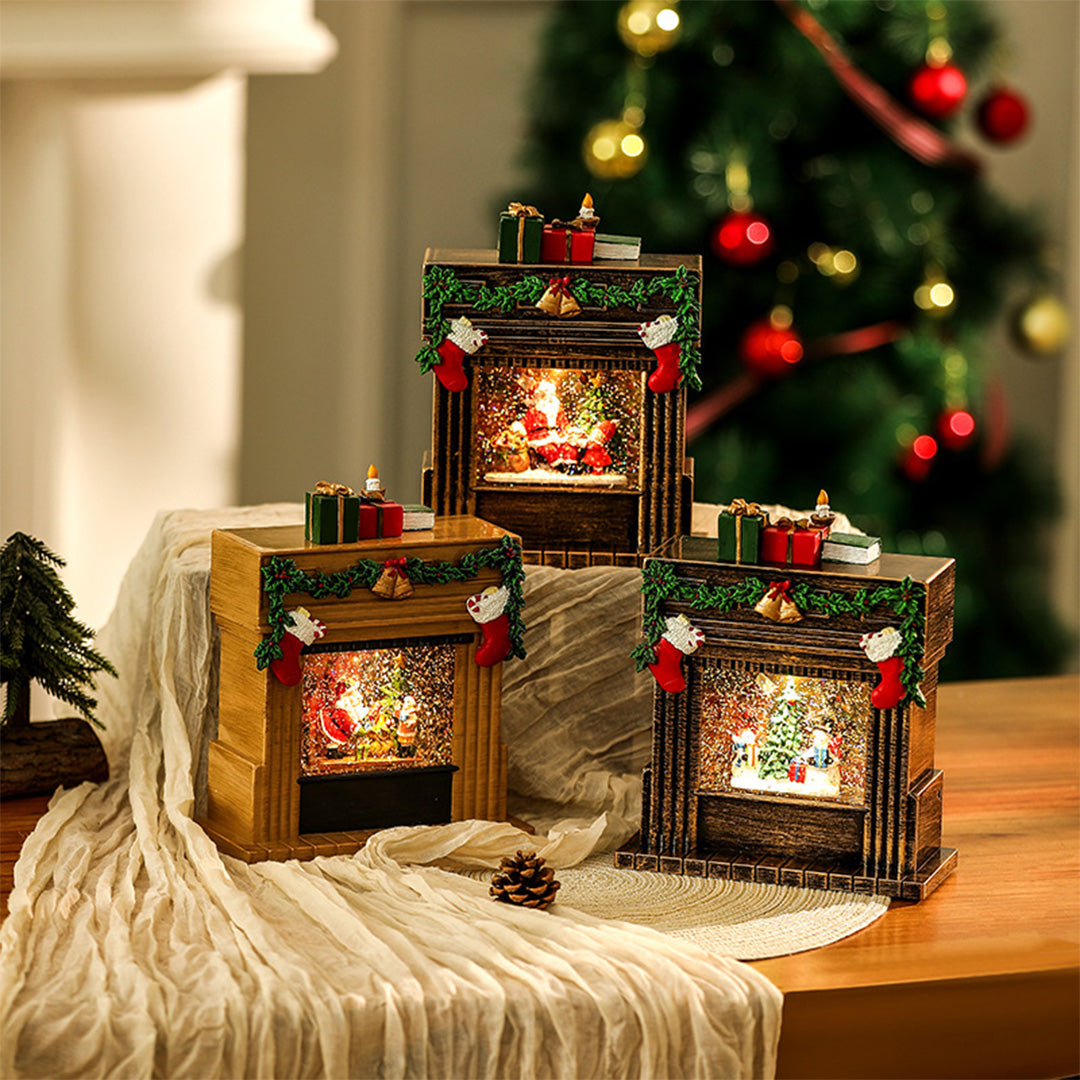Light-Up Christmas Fireplace Decoration — Snowing Tabletop Scene, USB LED