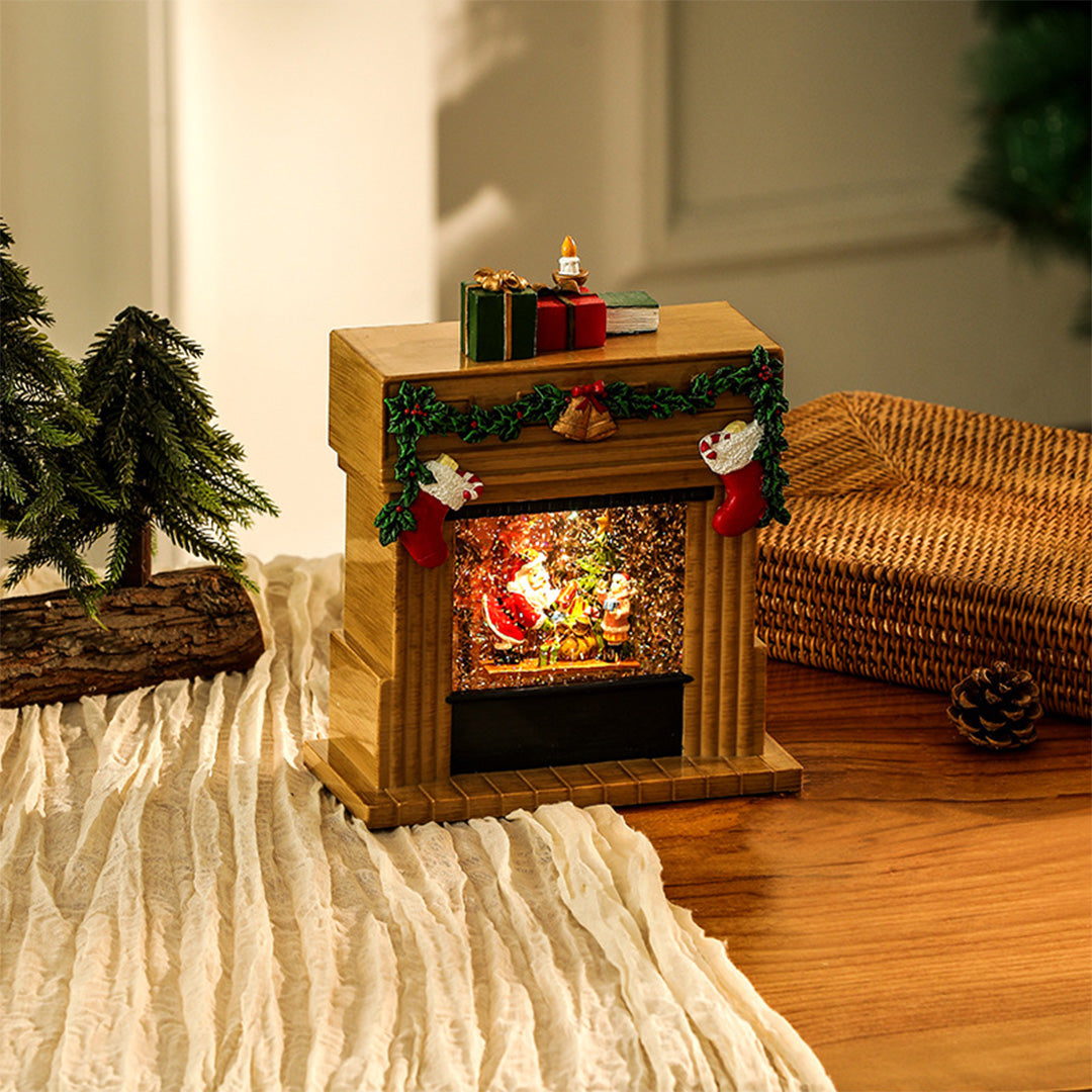 Light-Up Christmas Fireplace Decoration — Snowing Tabletop Scene, USB LED