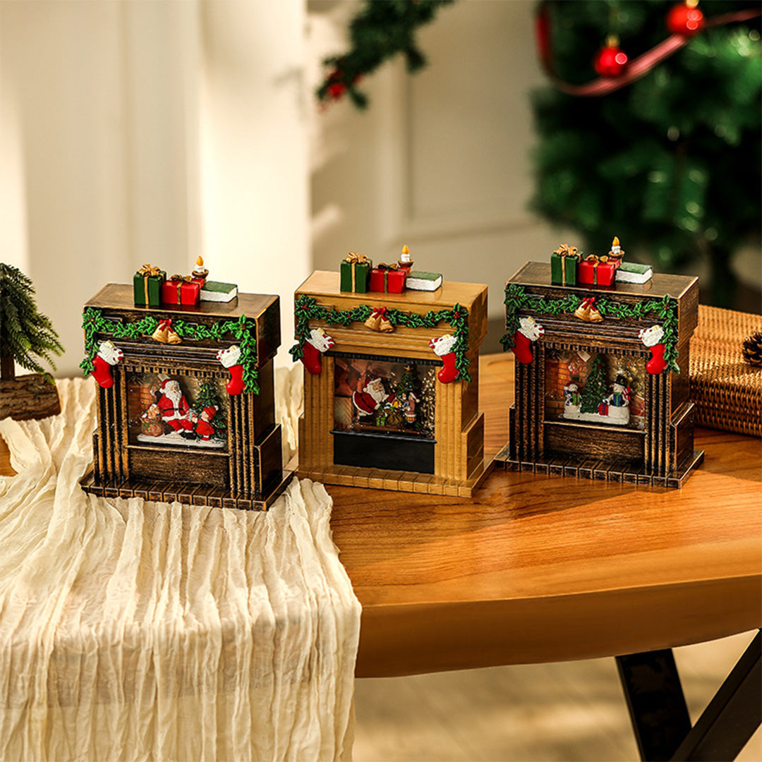 Light-Up Christmas Fireplace Decoration — Snowing Tabletop Scene, USB LED