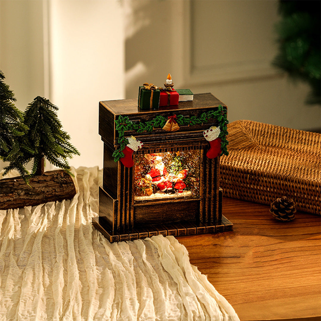 Light-Up Christmas Fireplace Decoration — Snowing Tabletop Scene, USB LED