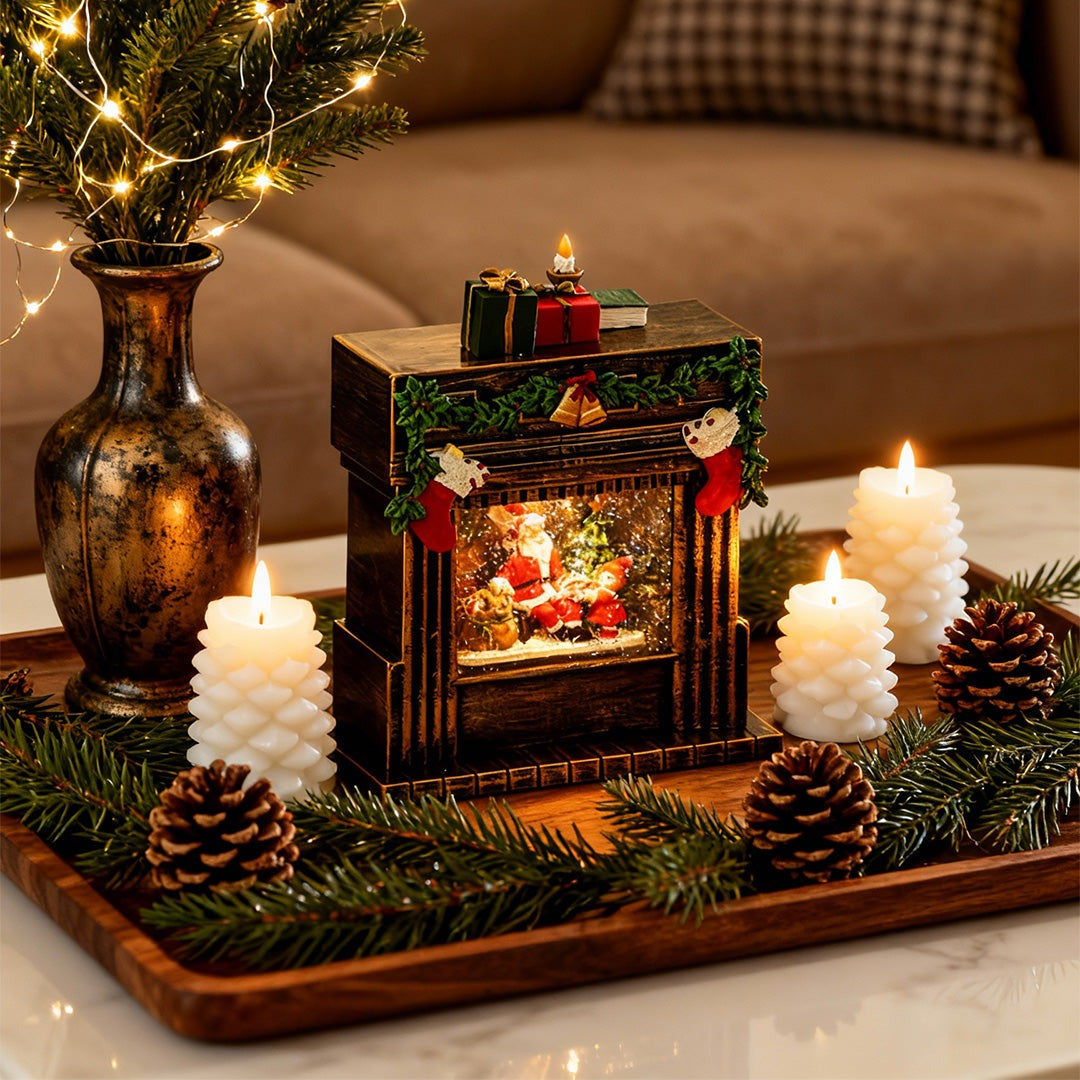 Light-Up Christmas Fireplace Decoration — Snowing Tabletop Scene, USB LED