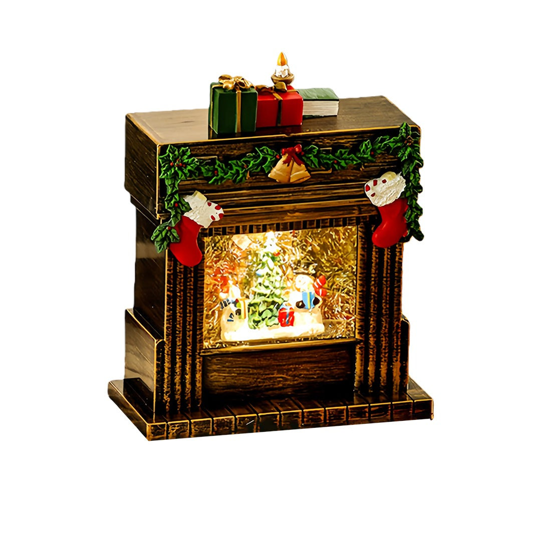Light-Up Christmas Fireplace Decoration — Snowing Tabletop Scene, USB LED