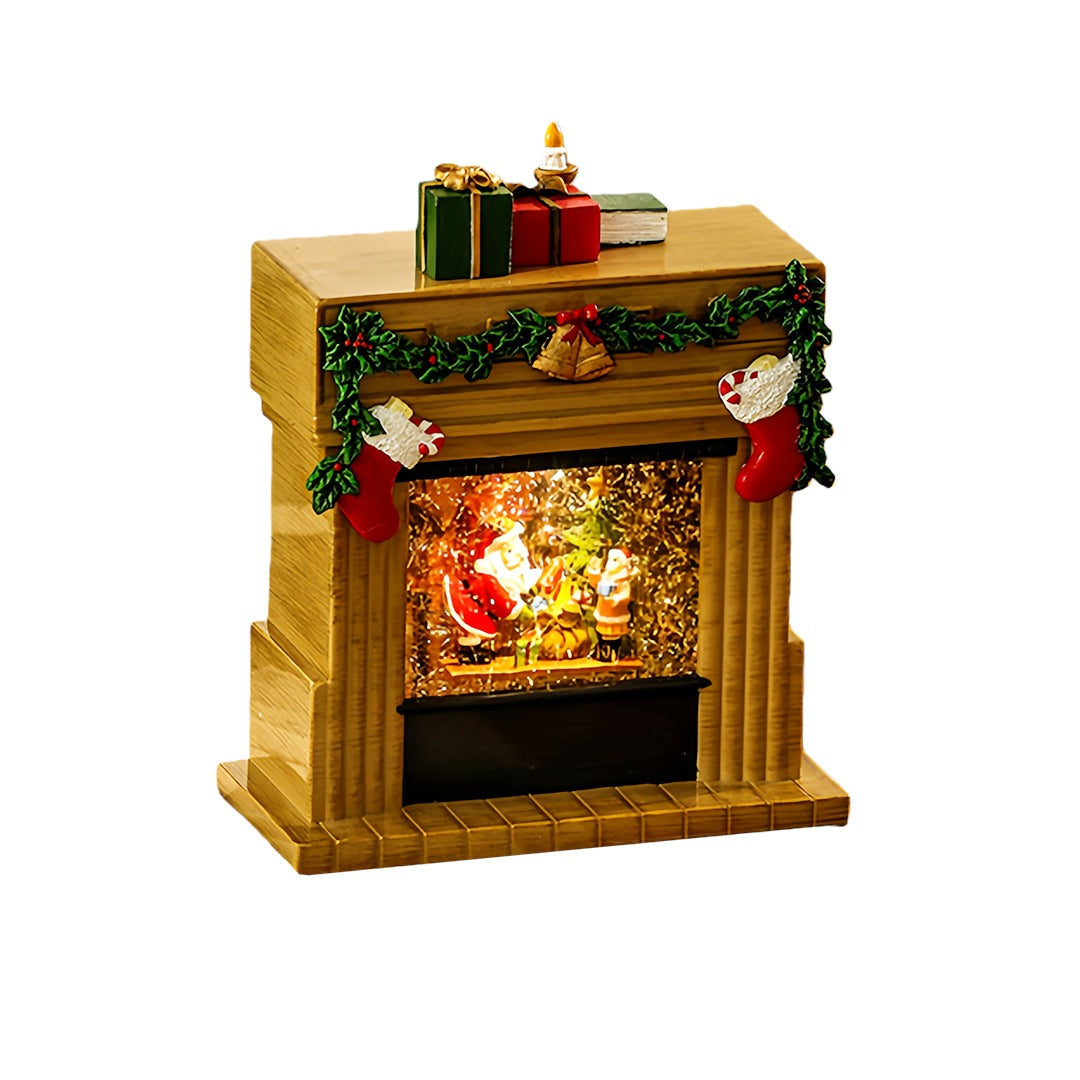 Light-Up Christmas Fireplace Decoration — Snowing Tabletop Scene, USB LED