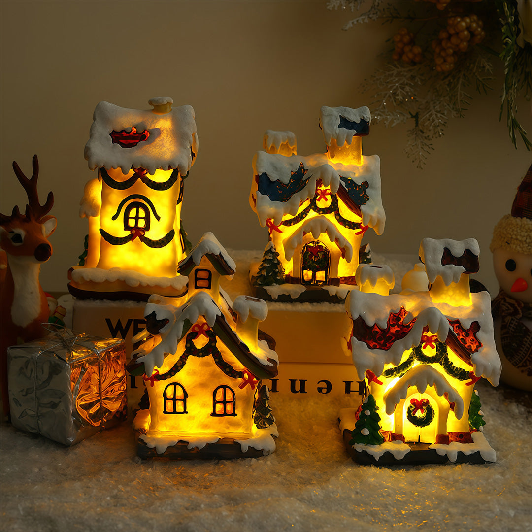 Mini Christmas Village Houses — Gold Resin Light-Up Cottages, Warm LED