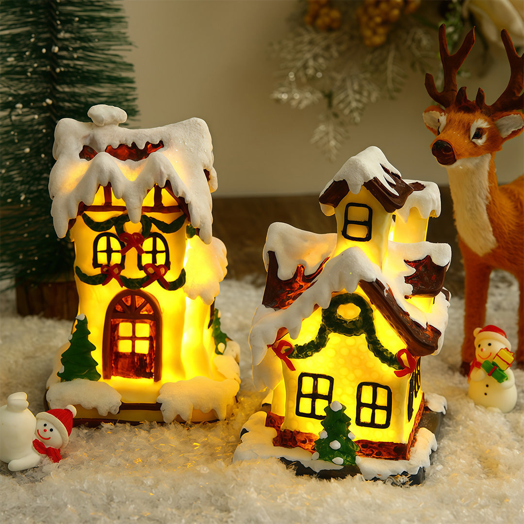 Mini Christmas Village Houses — Gold Resin Light-Up Cottages, Warm LED