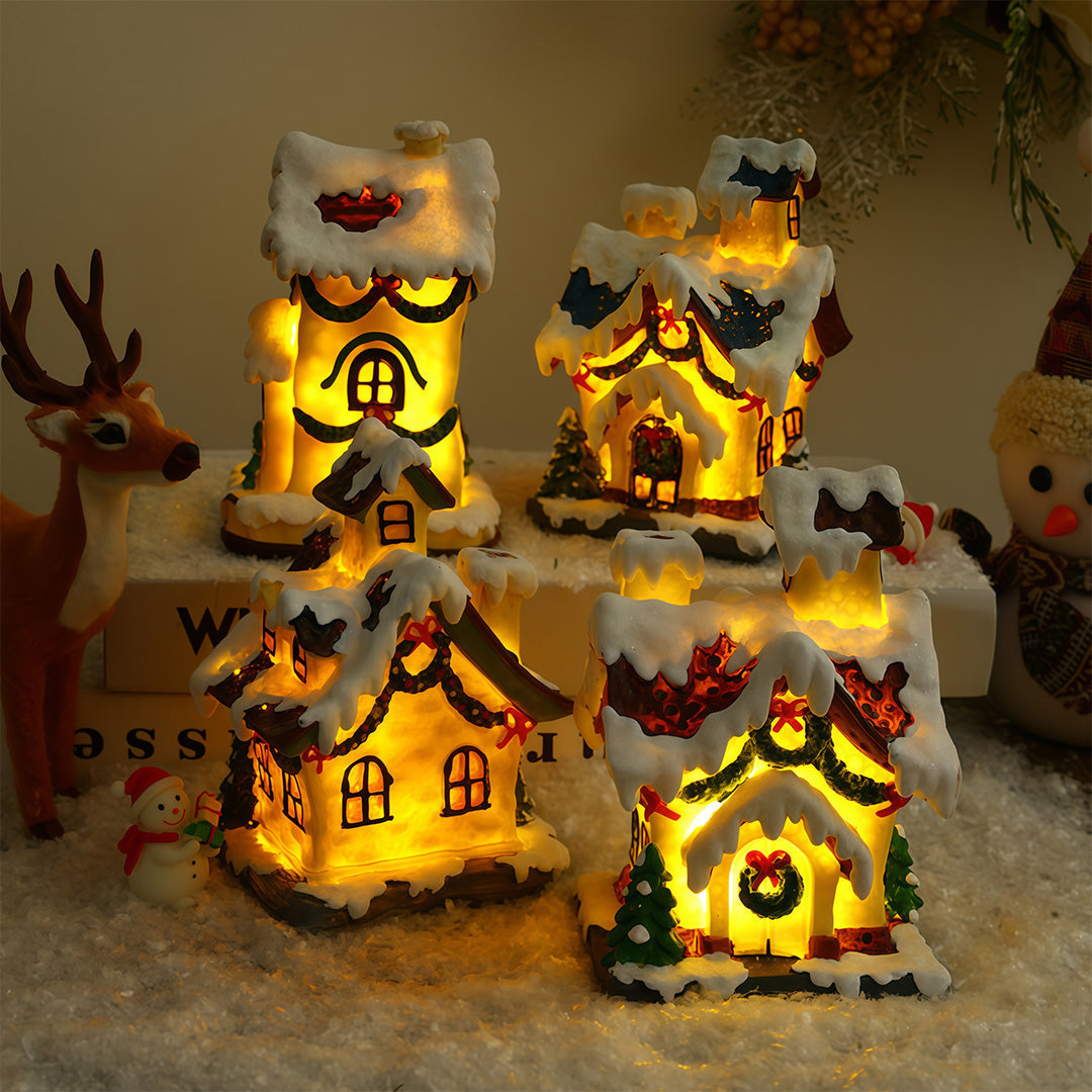 Mini Christmas Village Houses — Gold Resin Light-Up Cottages, Warm LED