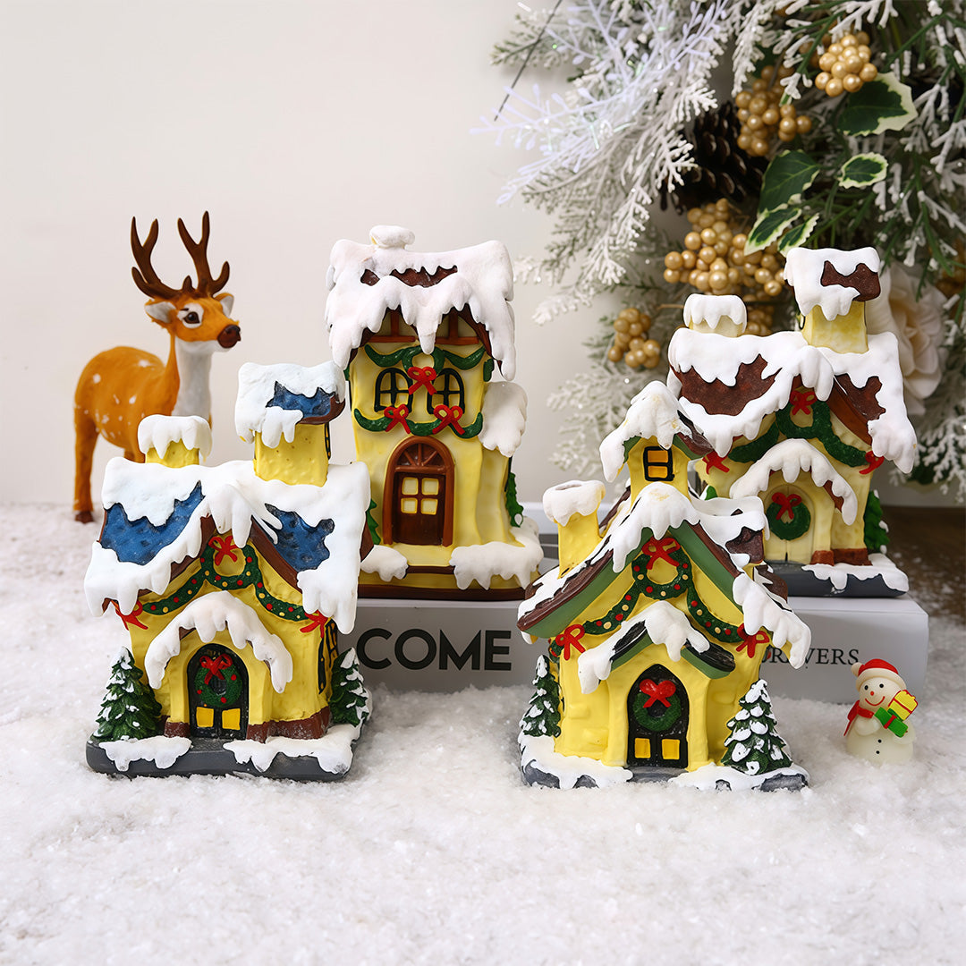 Mini Christmas Village Houses — Gold Resin Light-Up Cottages, Warm LED