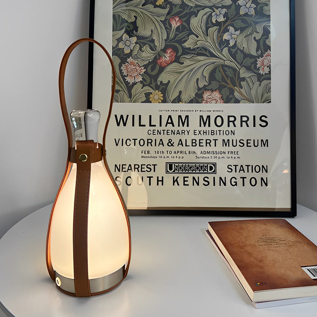 Cordless Table Lamp — Mid-Century Glass Bottle Lamp with Leather Handle