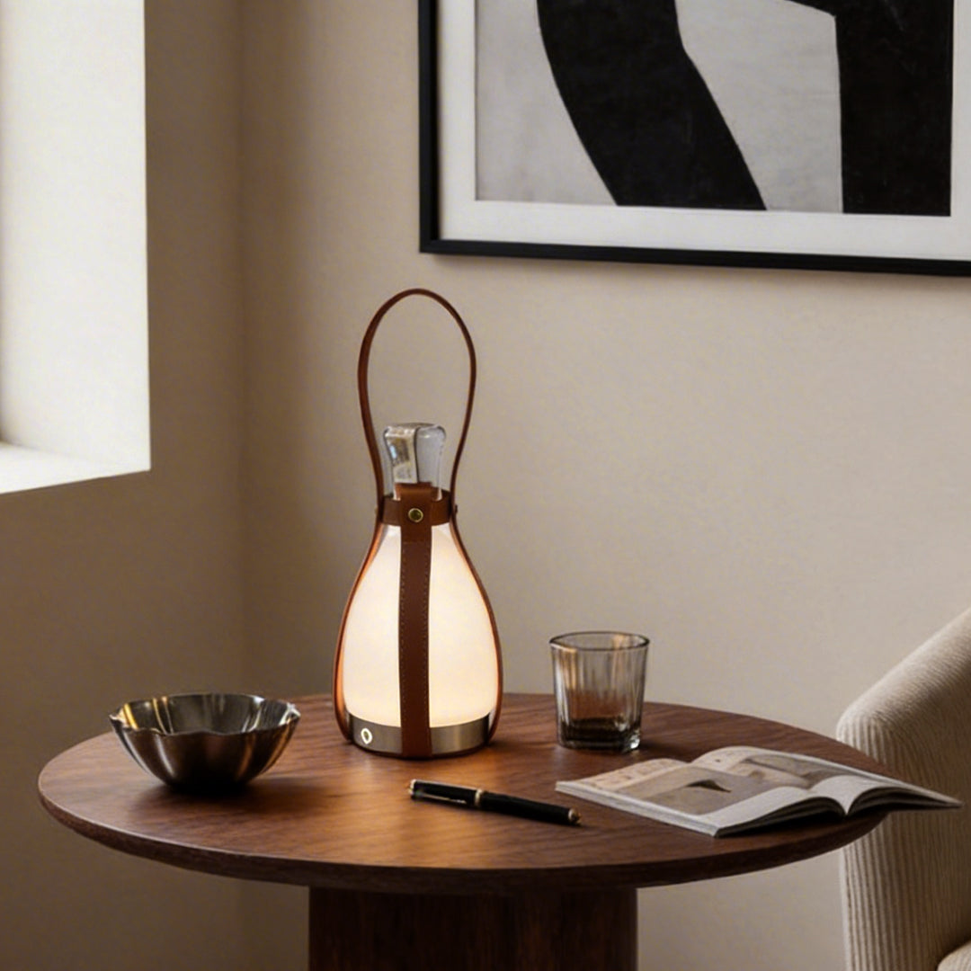 Cordless Table Lamp — Mid-Century Glass Bottle Lamp with Leather Handle