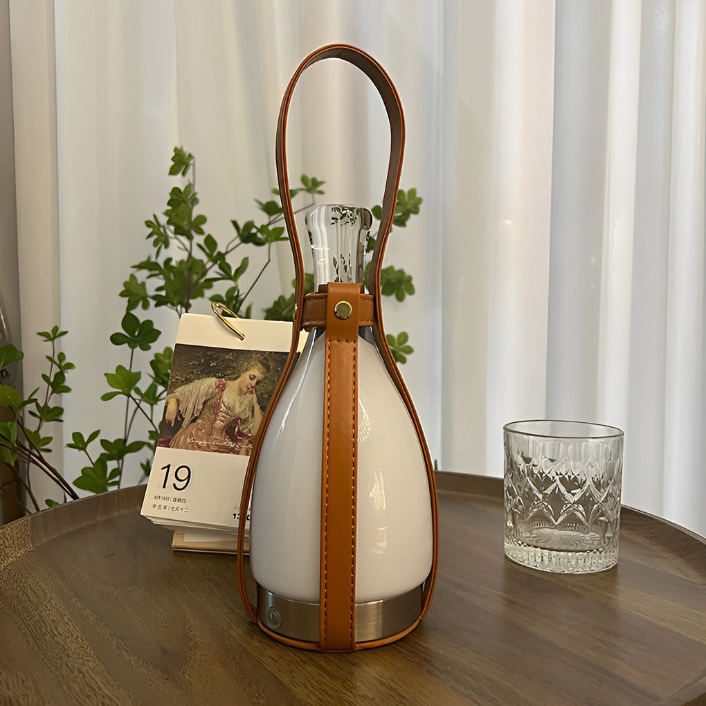 Cordless Table Lamp — Mid-Century Glass Bottle Lamp with Leather Handle