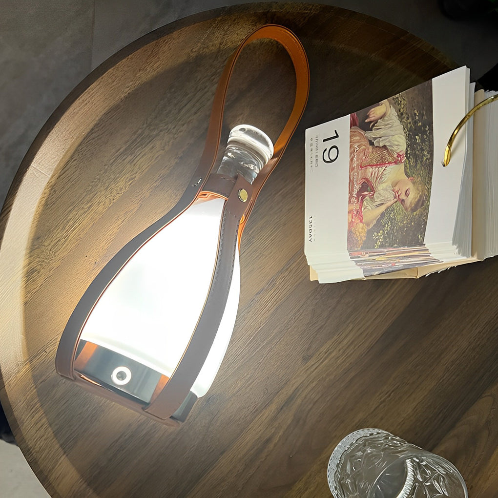 Cordless Table Lamp — Mid-Century Glass Bottle Lamp with Leather Handle