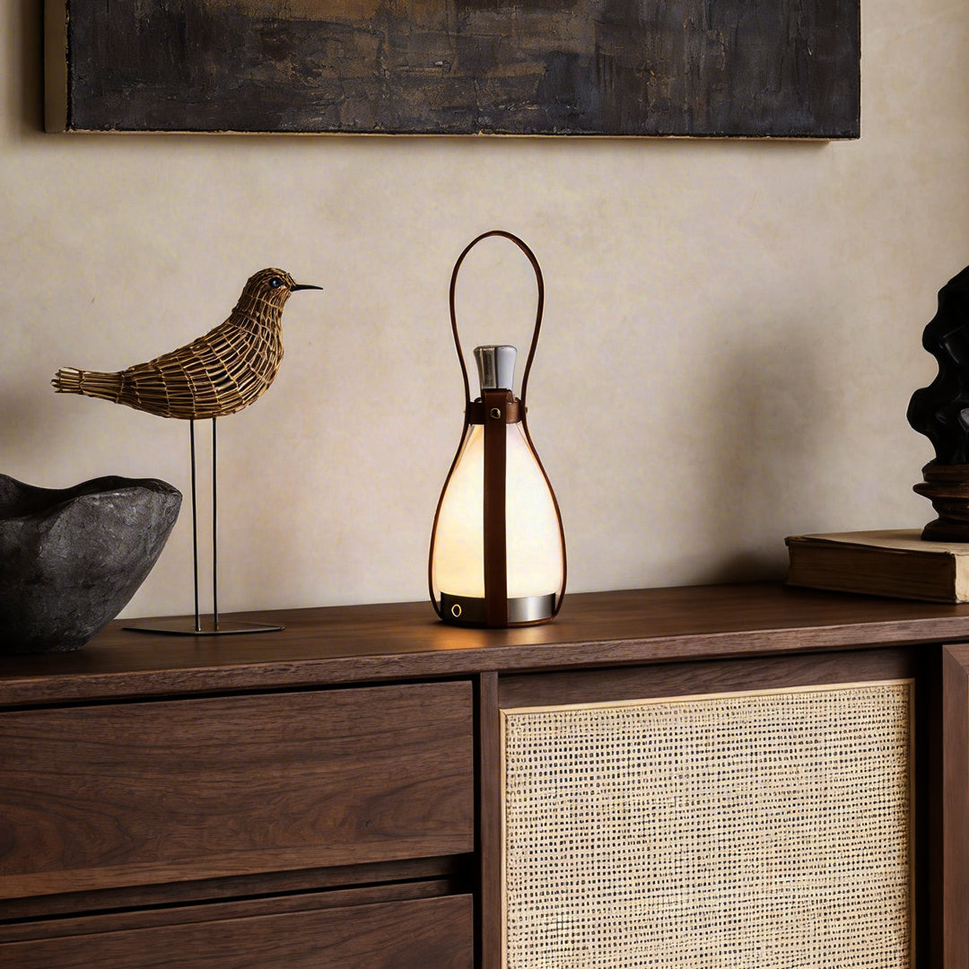 Cordless Table Lamp — Mid-Century Glass Bottle Lamp with Leather Handle