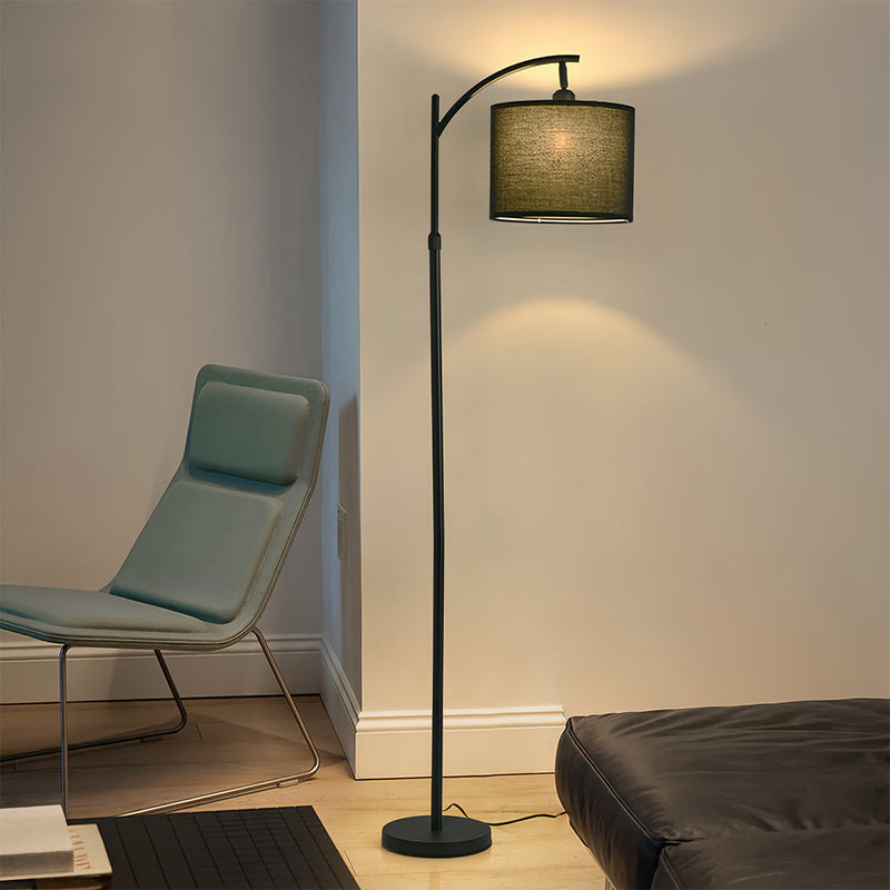 Arc Floor Lamp — Fabric Drum Shade, Marble Base, Black Metal Stem