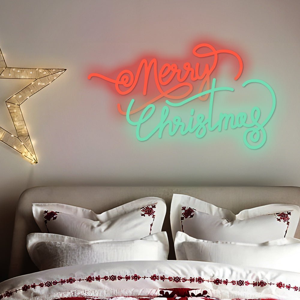 Merry Christmas Neon Sign — Coral and Mint Script LED Wall Light, Dimmable