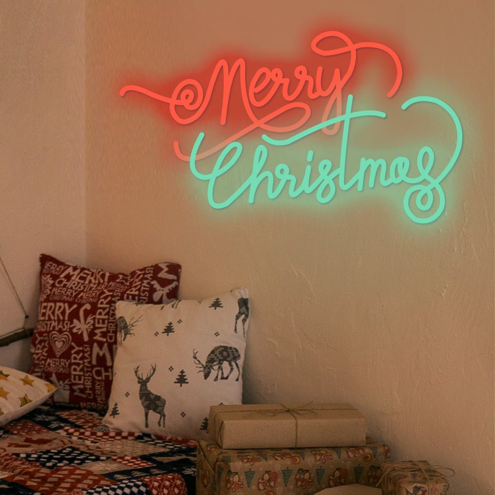 Merry Christmas Neon Sign — Coral and Mint Script LED Wall Light, Dimmable