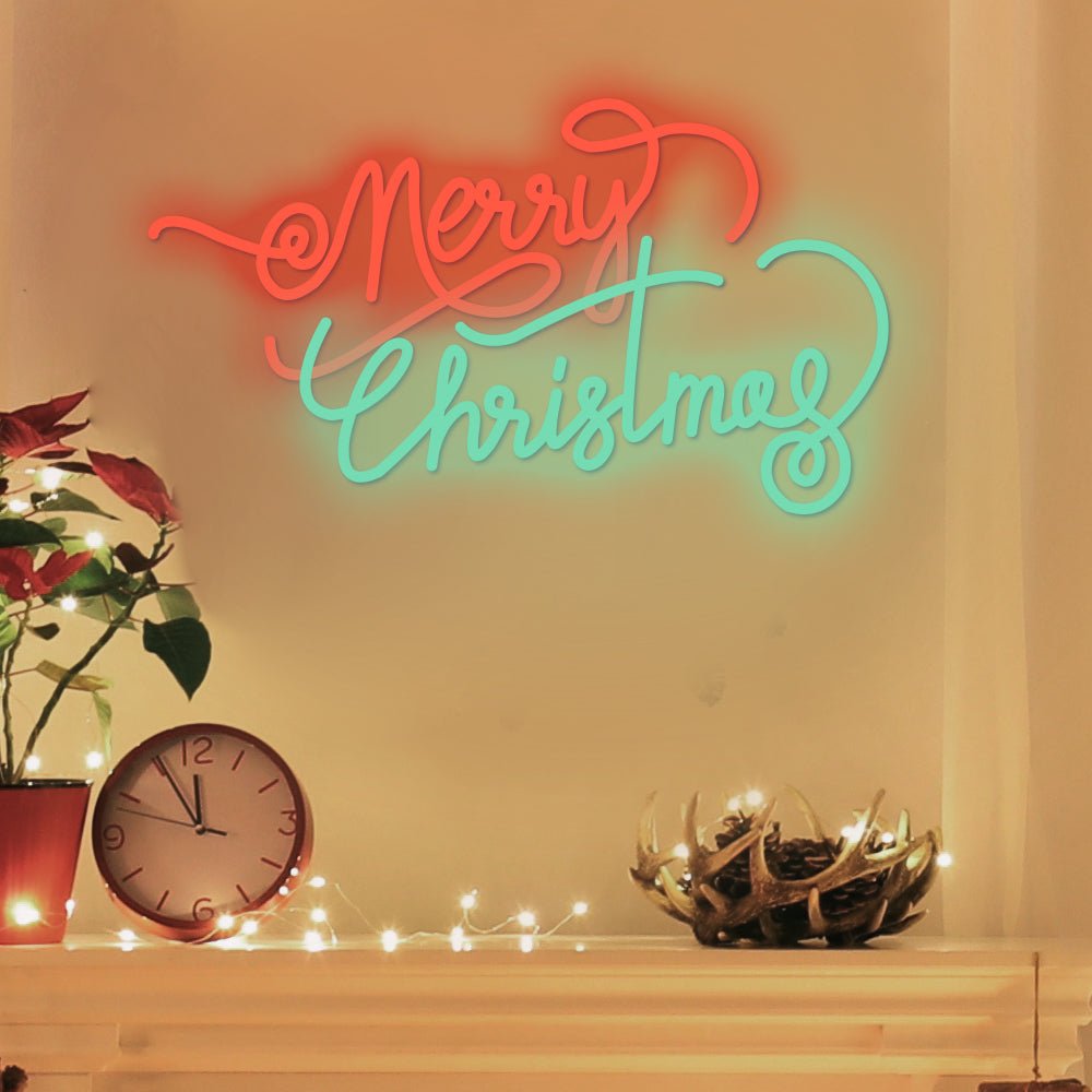 Merry Christmas Neon Sign — Coral and Mint Script LED Wall Light, Dimmable