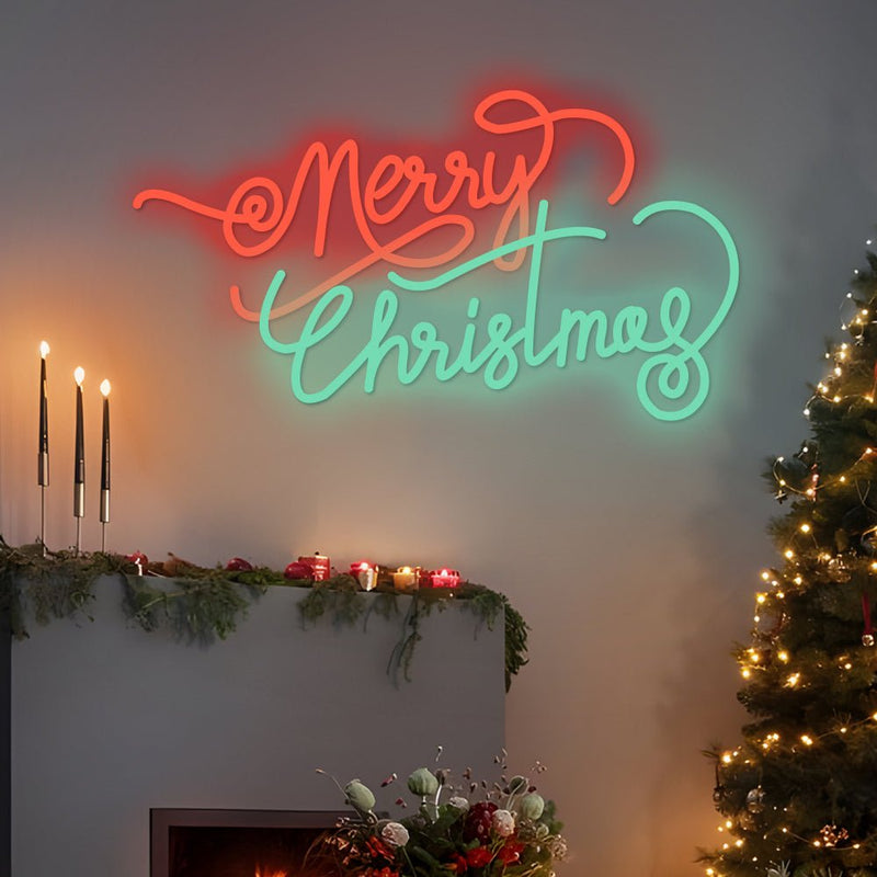 Merry Christmas Neon Sign — Coral and Mint Script LED Wall Light, Dimmable