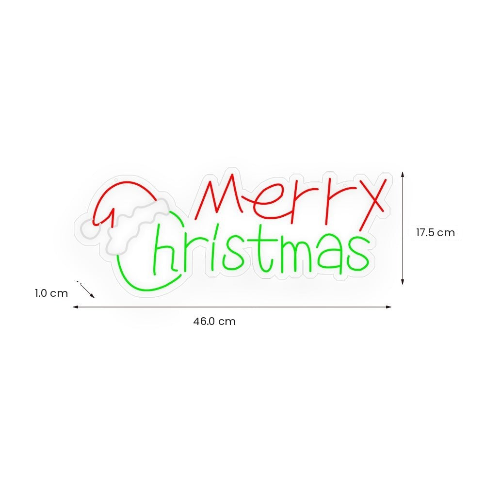 Merry Christmas Neon Sign — Santa Hat LED Wall Light, Red and Green, 18 in