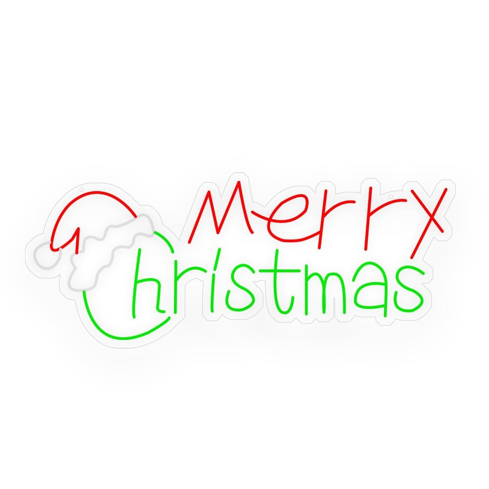 Merry Christmas Neon Sign — Santa Hat LED Wall Light, Red and Green, 18 in
