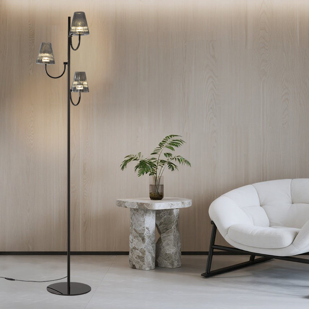 Black 3-Light Floor Lamp with Smoked Fluted Glass Shades, Modern Tree Lamp