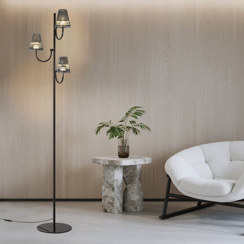 Black 3-Light Floor Lamp with Smoked Fluted Glass Shades, Modern Tree Lamp – view 2