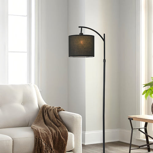 Arc Floor Lamp — Fabric Drum Shade, Marble Base, Black Metal Stem – view 2